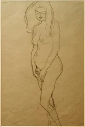 Stehende nackte Schwangere nach links, die Hände